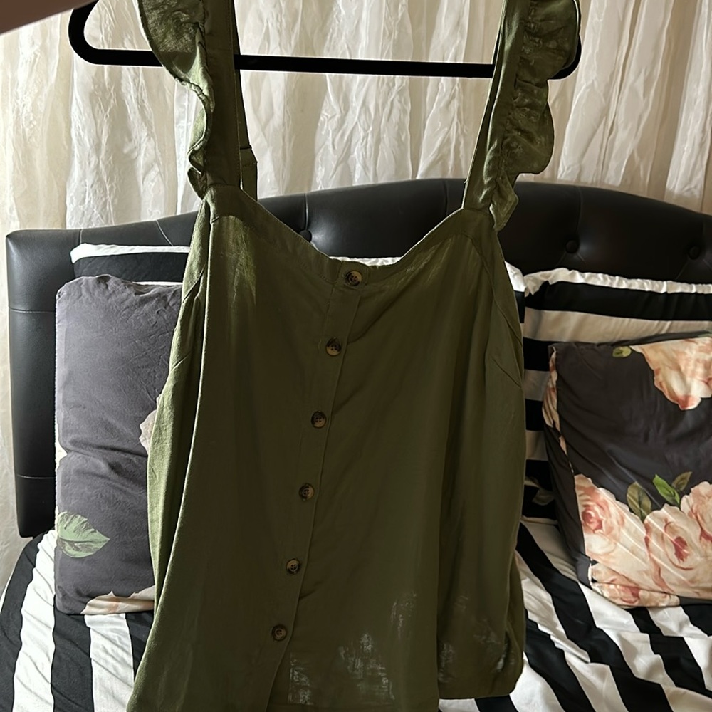 Olive/green ruffle button in front tank